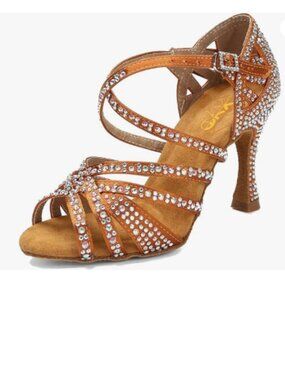 XYD Peru Dance Ballroom Latin Jazz Mid Heels Open Toe Crystal Rhinestone Sandals